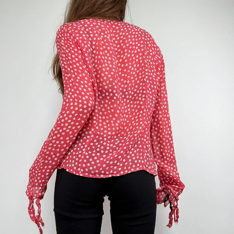 Red polka dot flutter fray blouse with hook and eyes