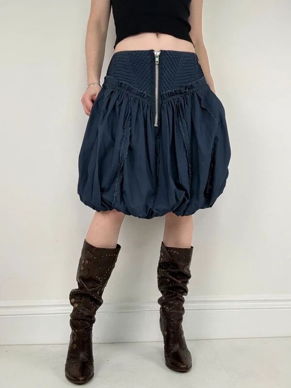 Puff parachute navy pleated midi flare skirt with zipper