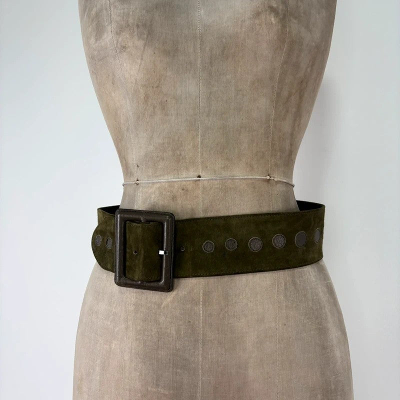 Khaki suede thick leather belt