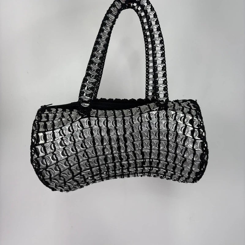 Vintage crochet can tab silver barrel handbag