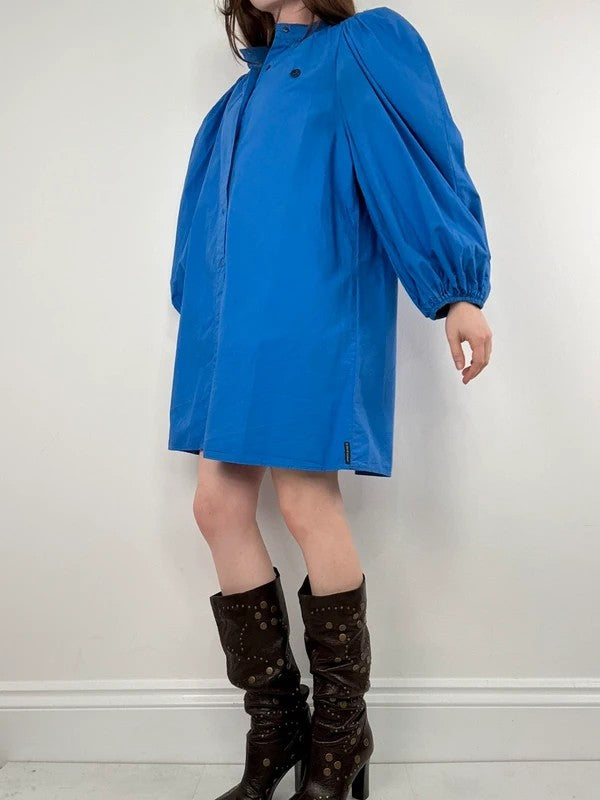 Blue cotton button puff midi shirt dress
