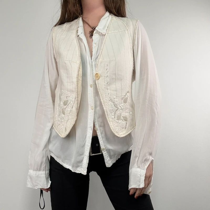 cream pinstripe Marithé + François Girbaud waistcoat vest