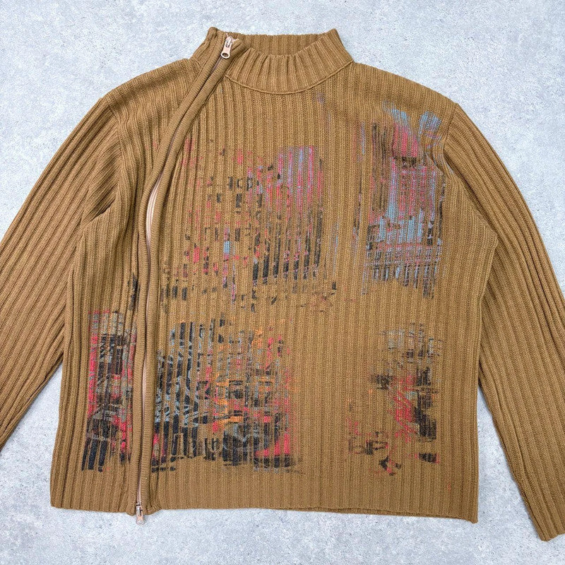 tan ribbed flared asymmetric-zip jumper