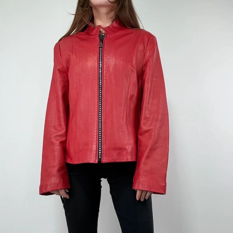 Red Studded Leather zip Jacket