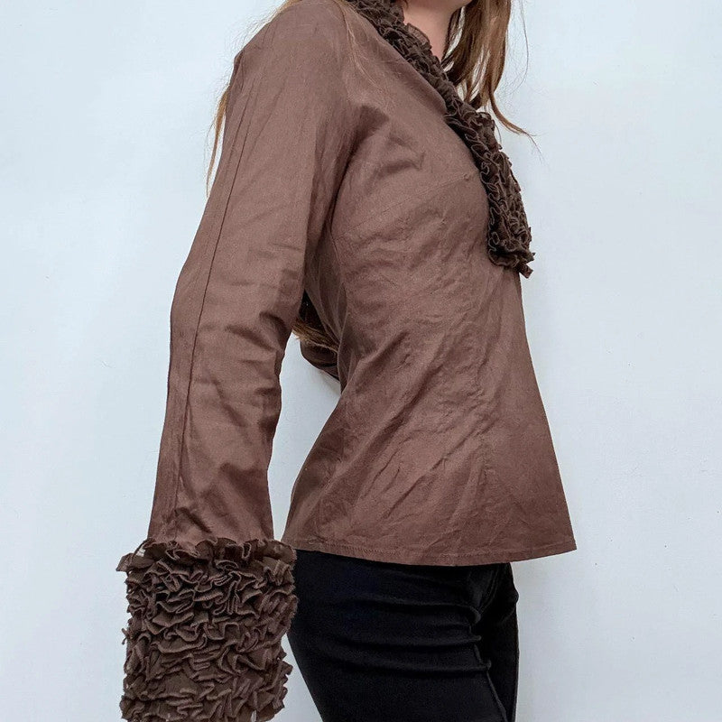 brown ruffle flared shirt