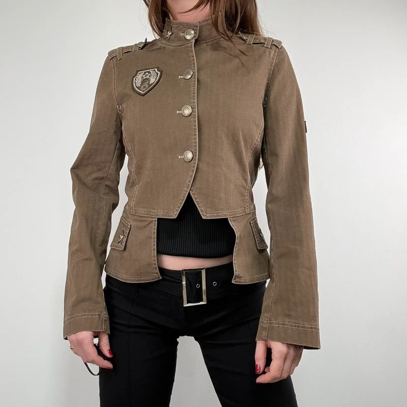Khaki asymmetric fitted military jacket