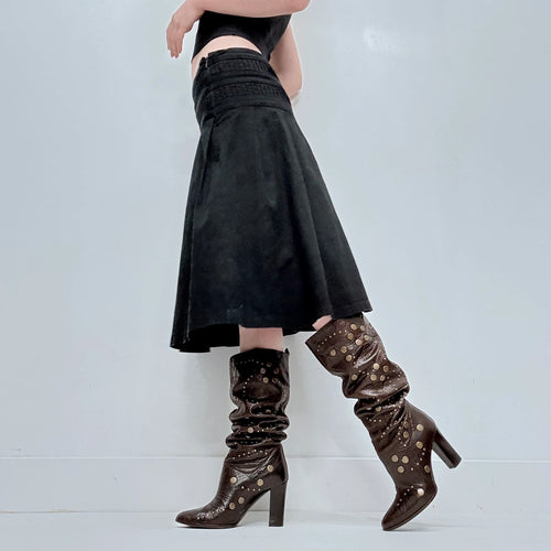 black pleated drop waist midi skirt