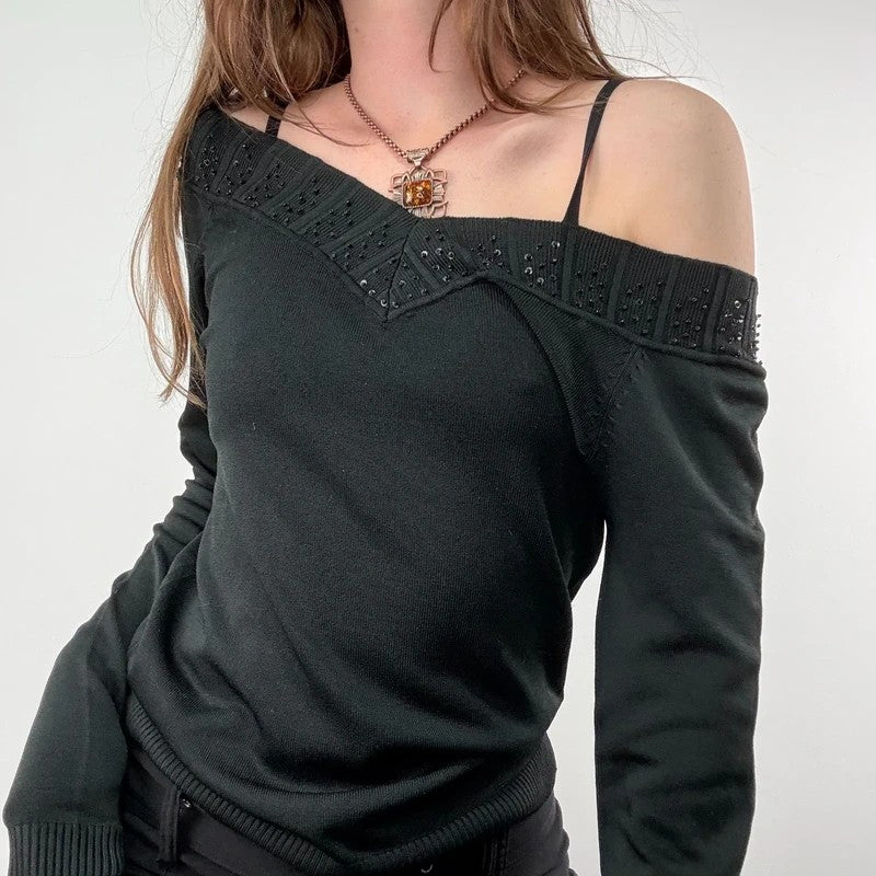 slouchy black off the shoulder glitter ribbed sweater