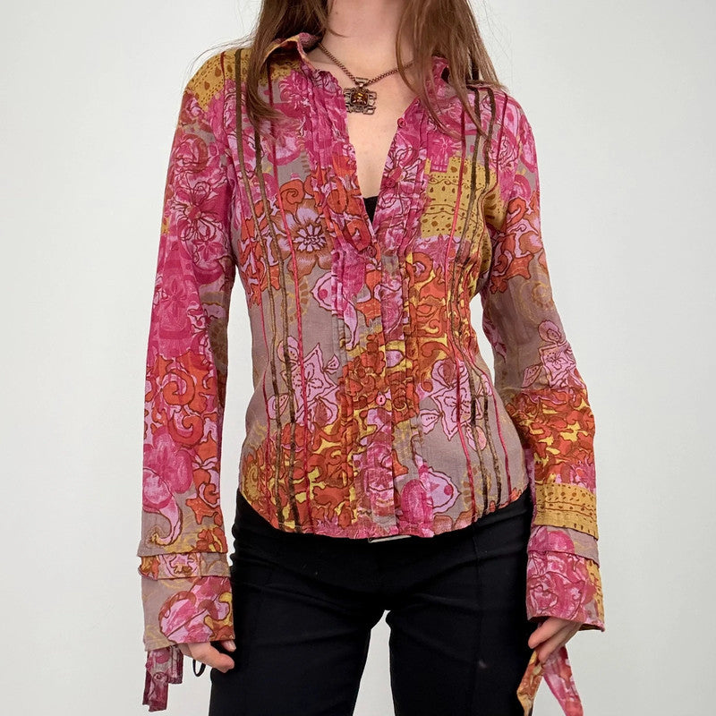 pink and brown floral printed flared shirt