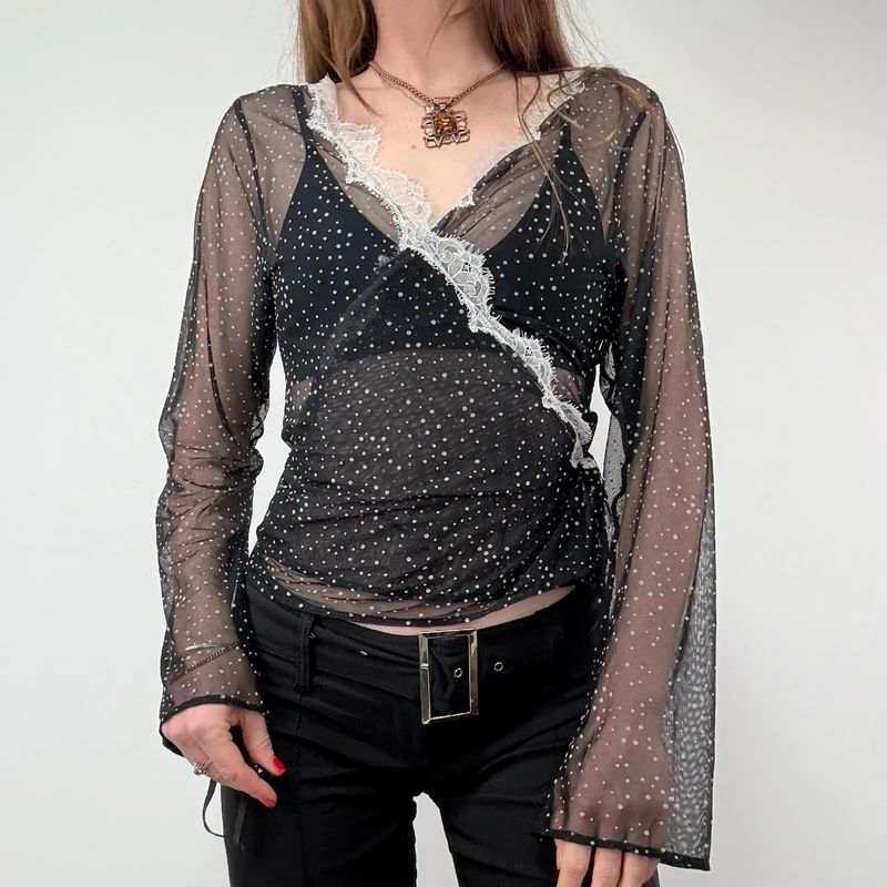 Sheer Lace Polka Dot Wrap Shirt