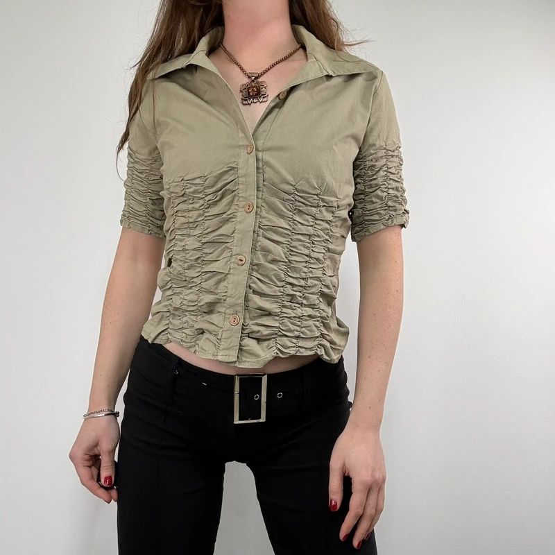 gathered khaki pleated shirt