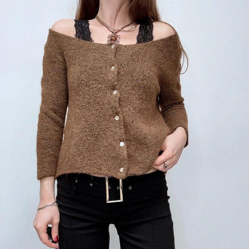 wide neck slouch brown cardigan