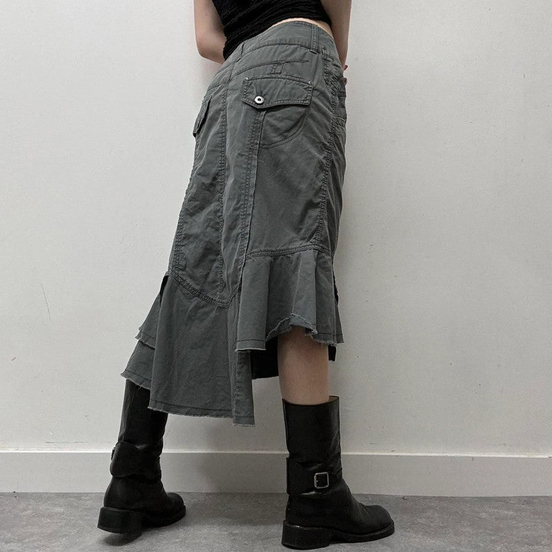 khaki denim asymmetric ruffle skirt