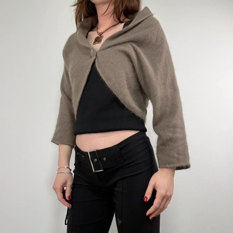 brown angora knit cropped slouchy cardigan