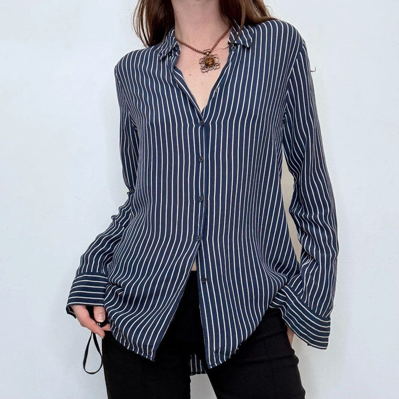 navy and white striped 100% silk shirt