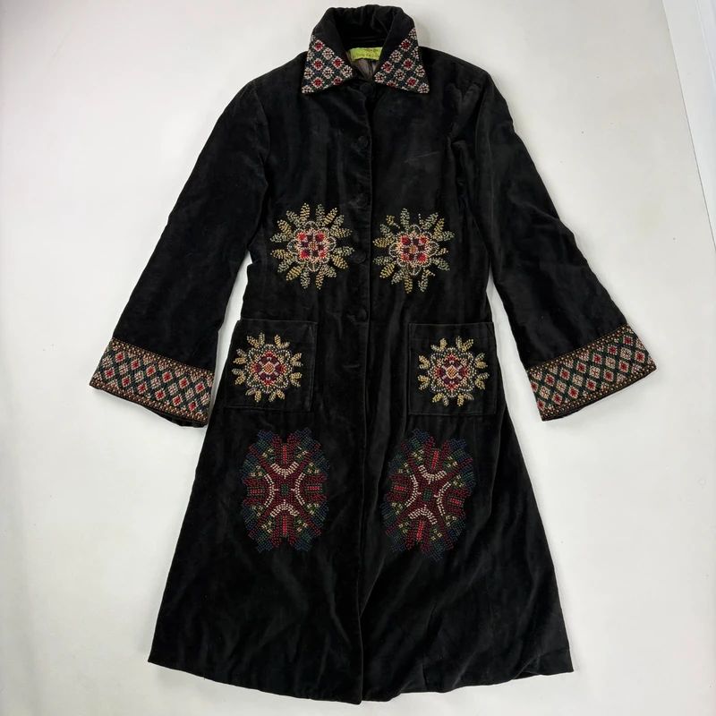 embroidered black velvet longline jacket