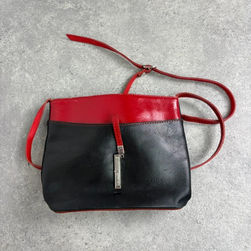 Black and red leather patient mini messenger bag