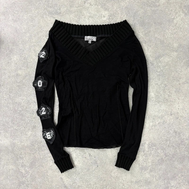 black layered mesh long sleeve slouchy rib top 2026