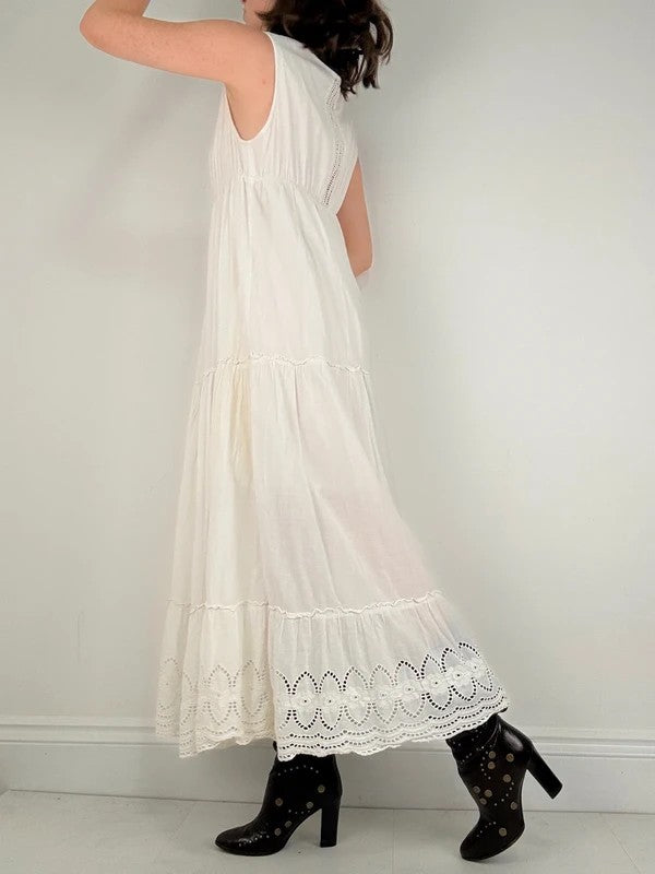white cotton lace pleated tiered maxi dress