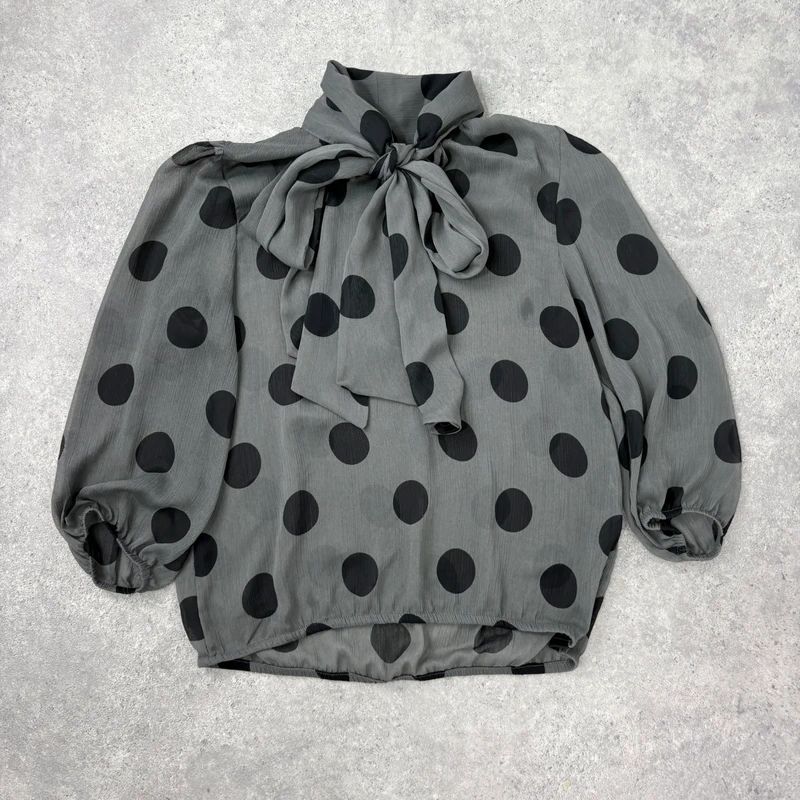 grey polkadot bow blouse