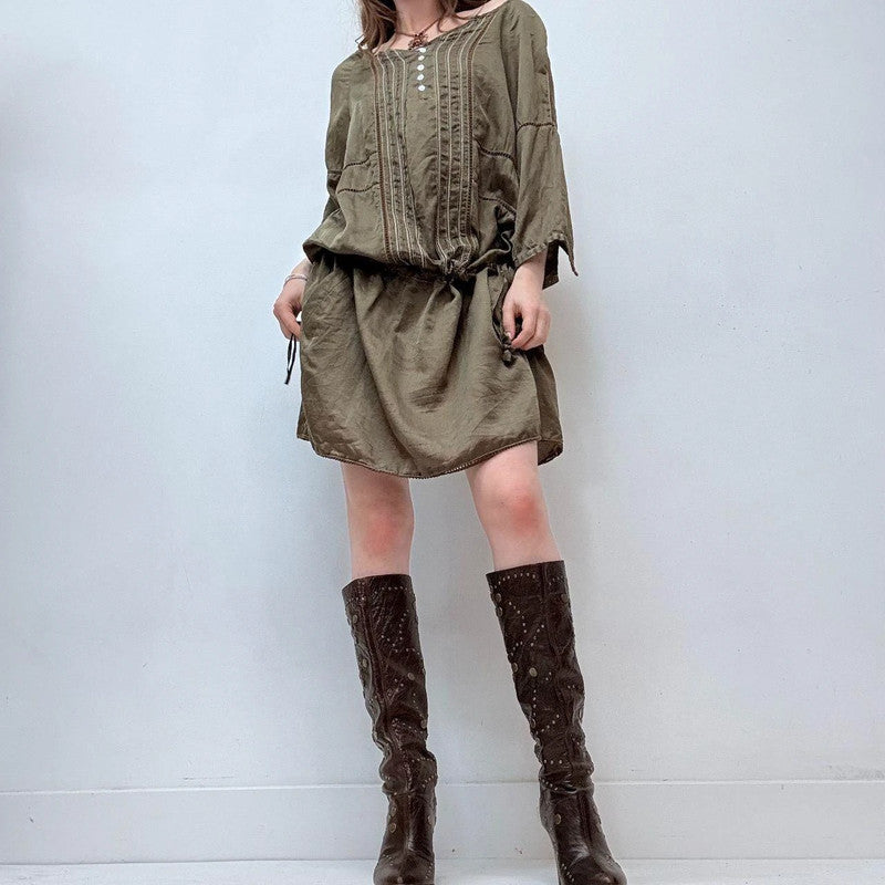 khaki silk lace boho dress
