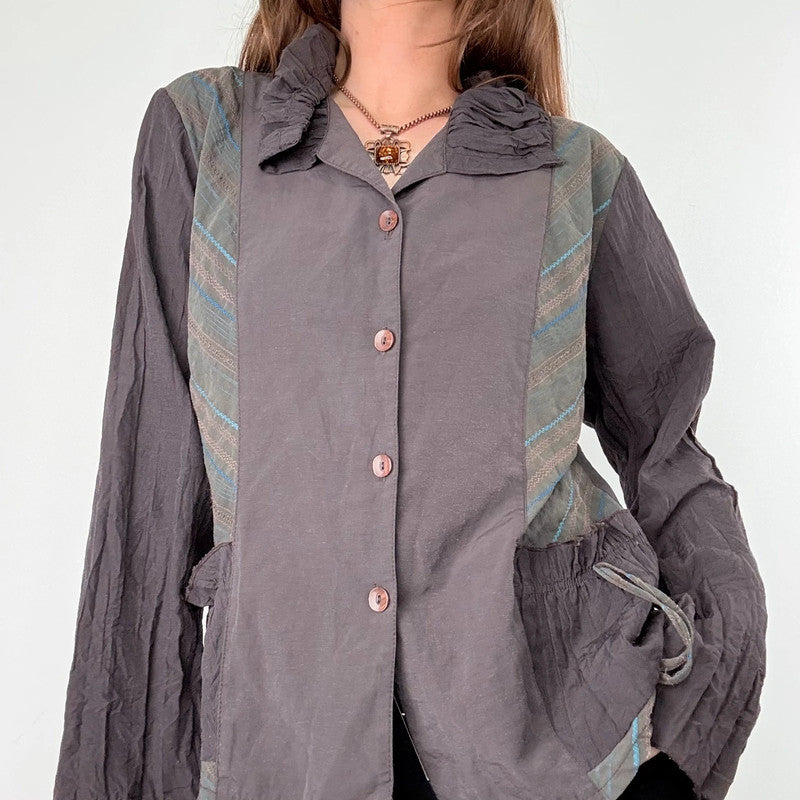 brown pinstripe gathered cinched shirt