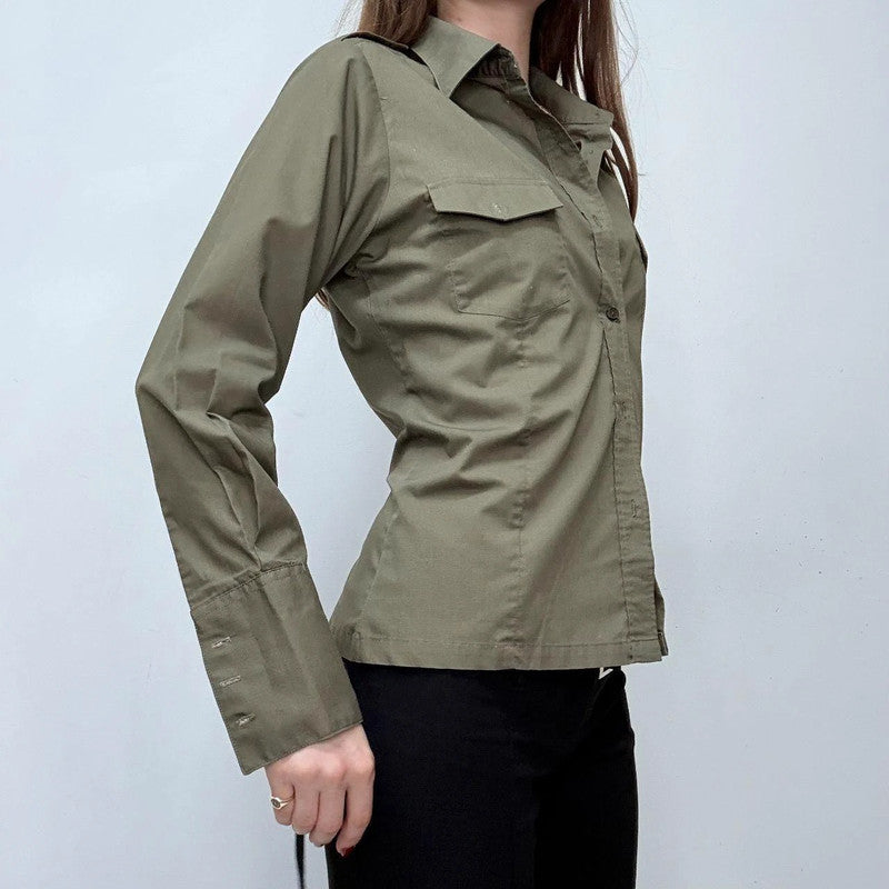 khaki fitted flared military style shirt