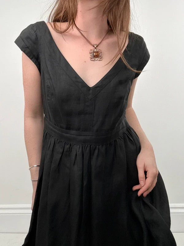 black pleated drop waist linen midi dress