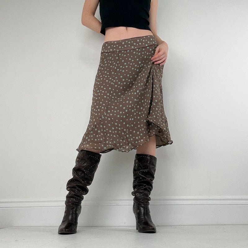 polkadot brown silk flared bias cut midi skirt