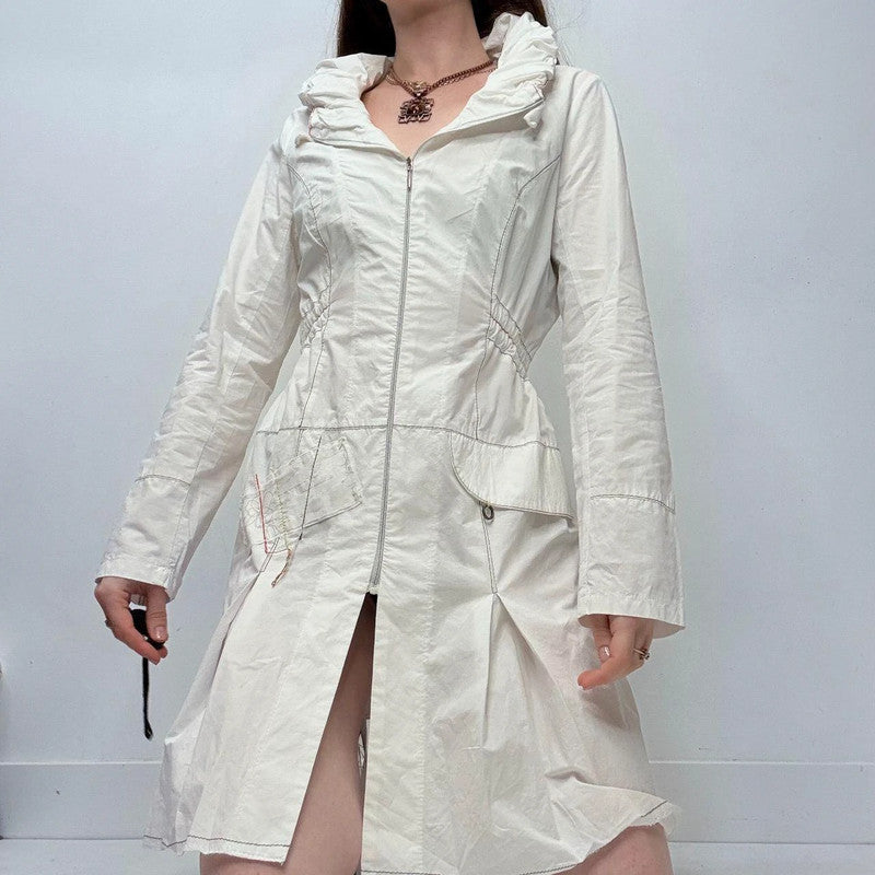 white flared structured zip-up dress