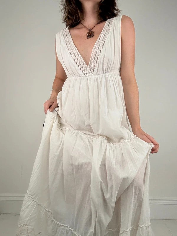 white cotton lace pleated tiered maxi dress