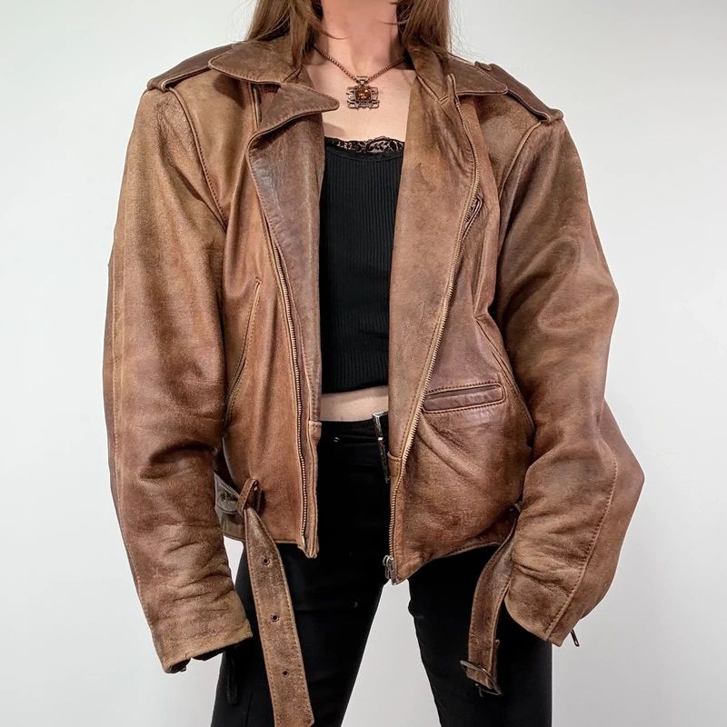 Oversized Brown leather Slouchy Biker Jacket