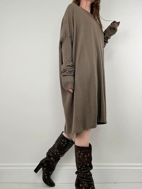 khaki batwing slouchy long sleeve dress
