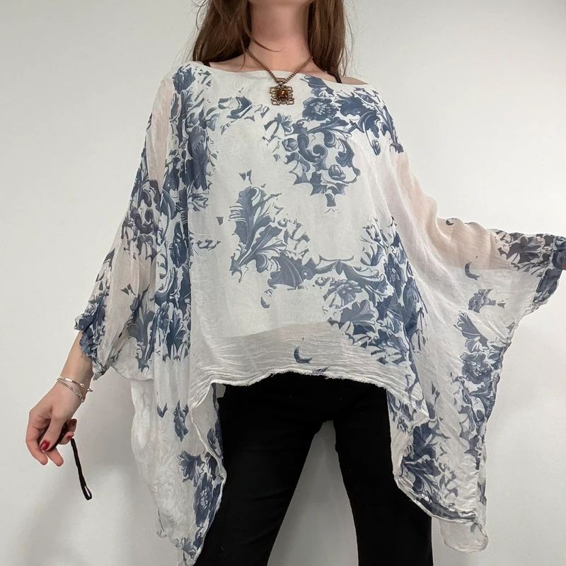 white and blue silk draped regency printed batwing blouse