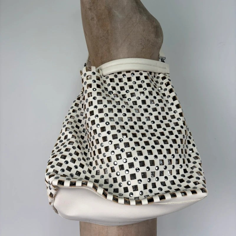 Studded faux-leather woven glitter hobo bag
