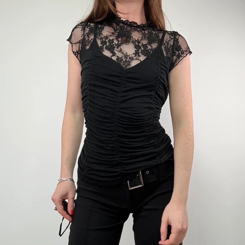 Black Lace Ruched Corset Shirt