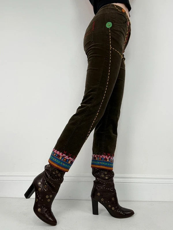 khaki corduroy embroidered hippy capri trousers