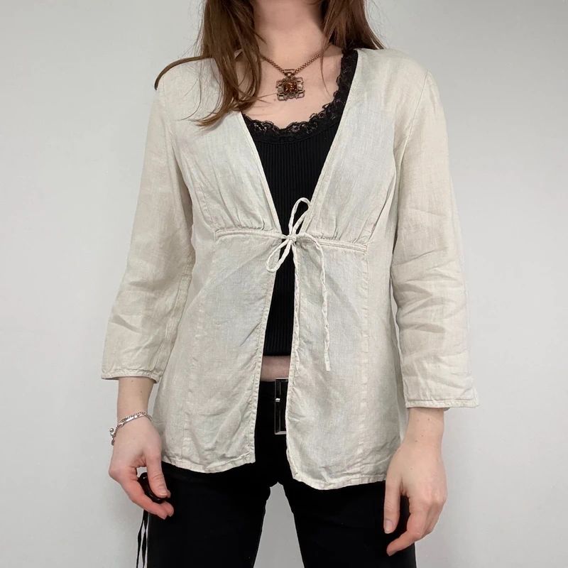 cream linen flared tie up shirt