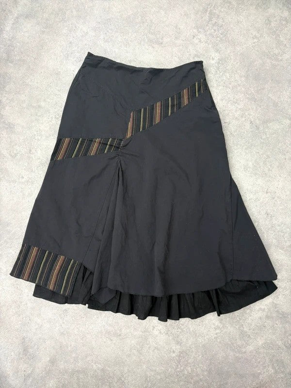 Black flared pleated pinstriped layered maxi skirt