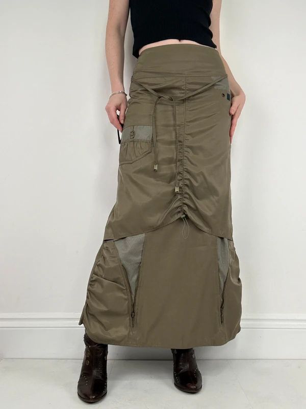 khaki utility gathered maxi skirt