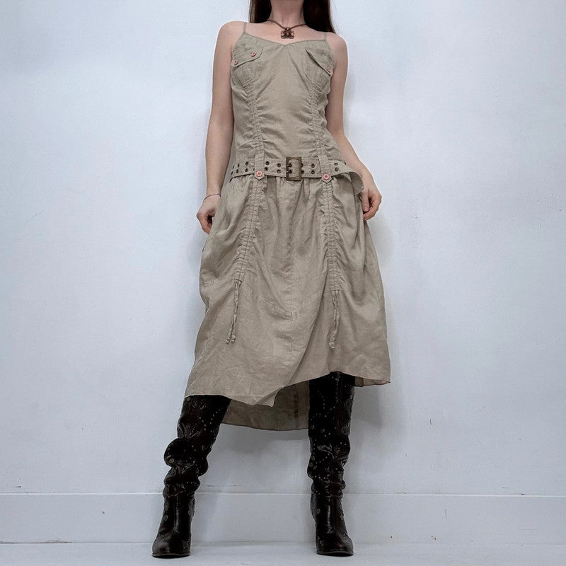 draped khaki belted grunge midi dress