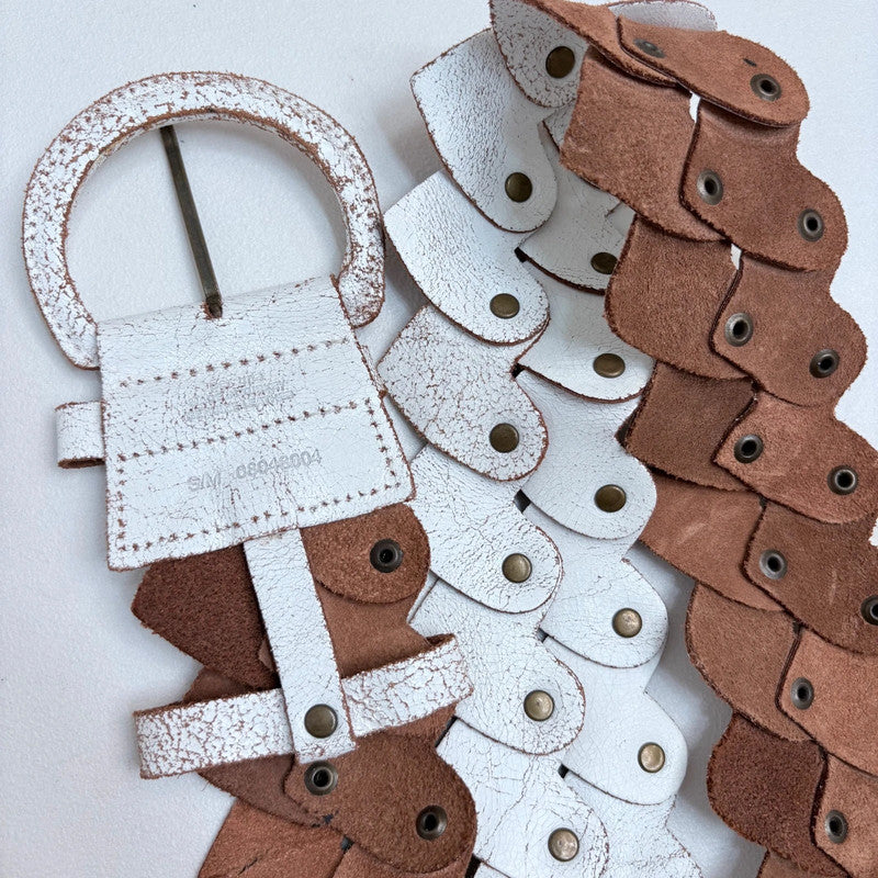 Distressed white leather heart link belt