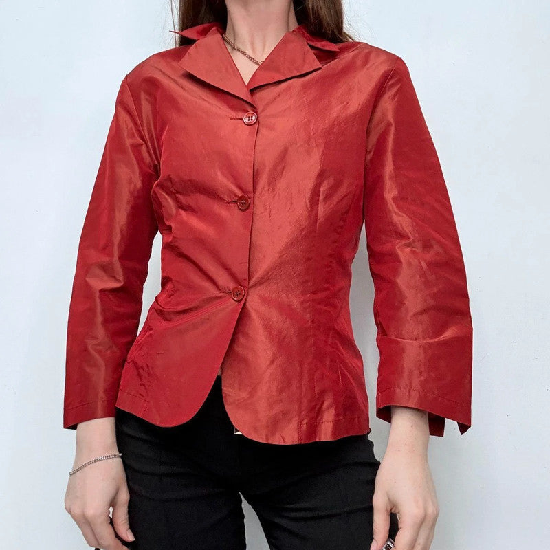 red flared silk shirt