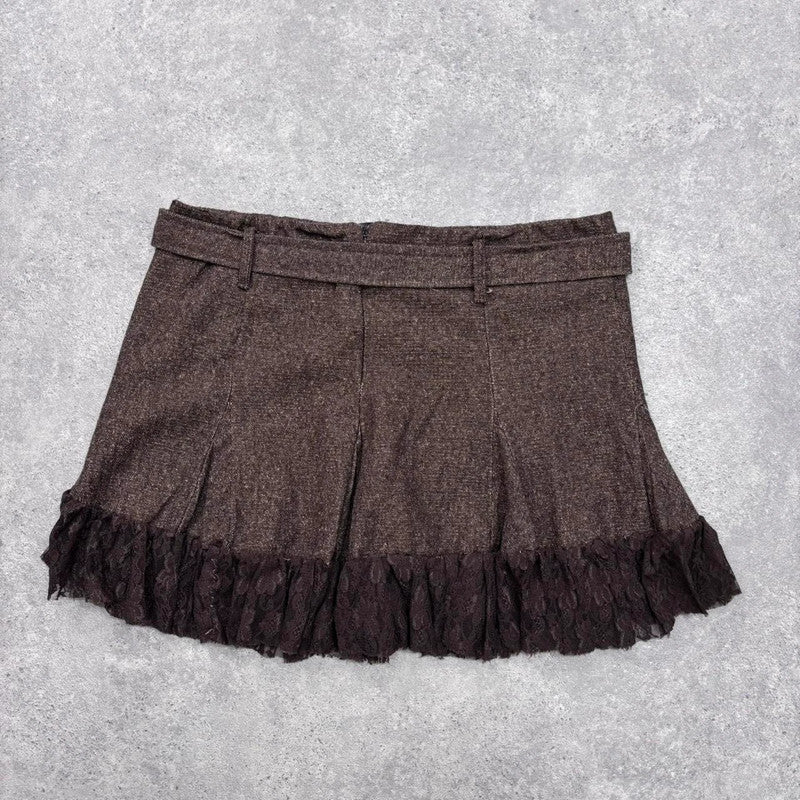 lace tweed brown mini ruffle skirt