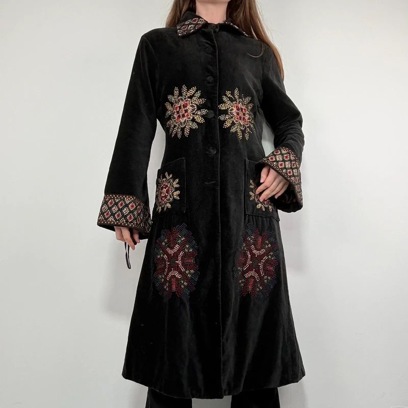 embroidered black velvet longline jacket