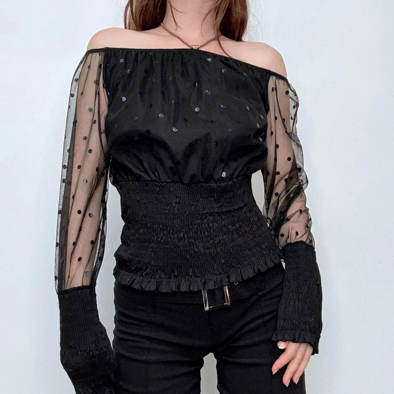black off the shoulder sheer polkadot top