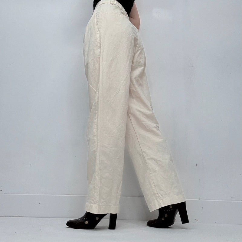 cream linen uniqlo wide leg pleated front trousers