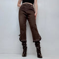 dark brown denim ruffle hem coquette capri pants