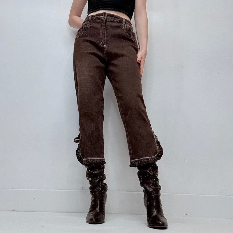 dark brown denim ruffle hem coquette capri pants