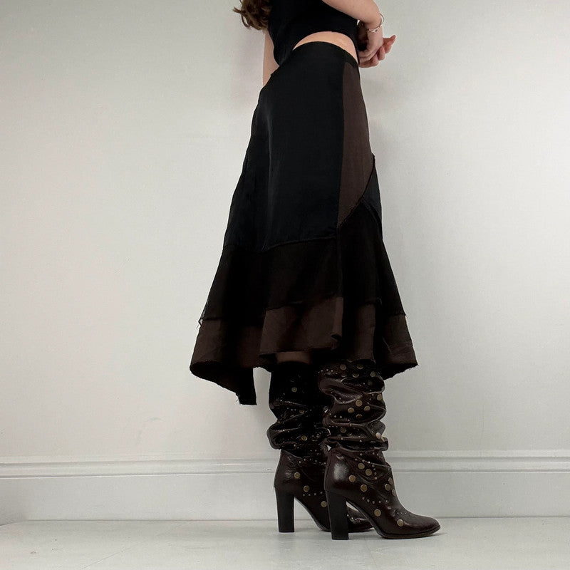 panelled patchwork asymmetric black midi skirt